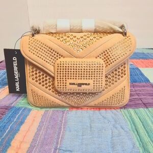 KARL LAGERFELD PARIS Fleur SMALL Shoulder Bag, Tan with Rose Gold Crystals, NWT